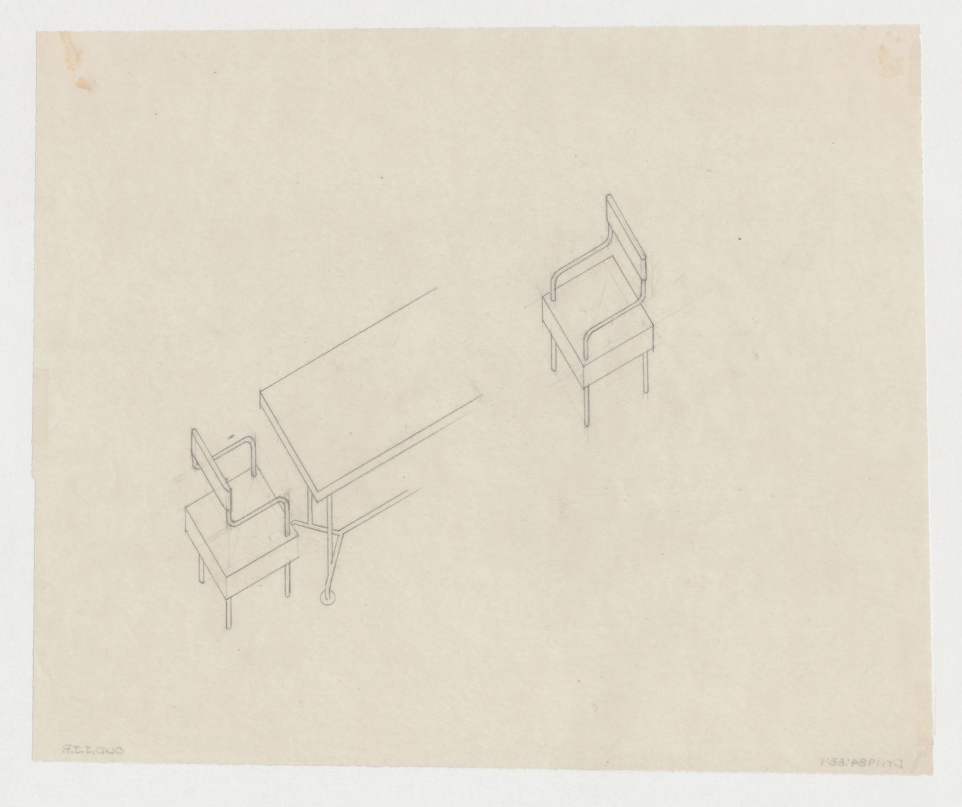 Axonometrics for a chair and partial axonometric for a table for M.J.I. de Jonge van Ellemeet's office in Rotterdam City Hall, Netherlands