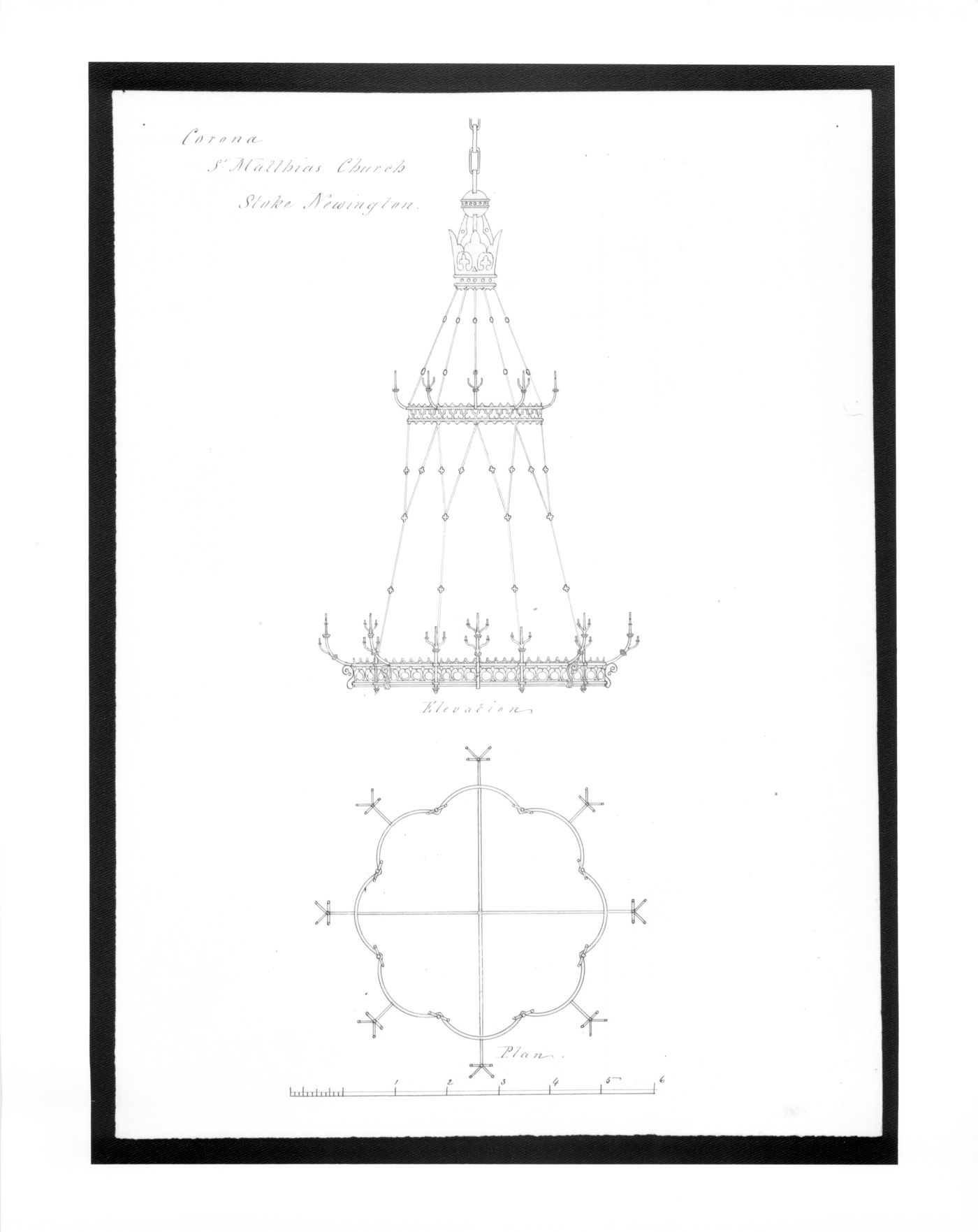 Plan and elevation of a suspended candelabra (corona) for the Church of St. Matthias, Stoke Newington, London