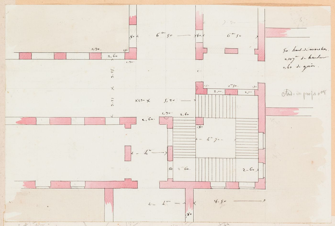 Ideal hospital for 1200 patients near the barrière de Monceau, Paris [?]: Partial plan showing stairs for site plan number eight