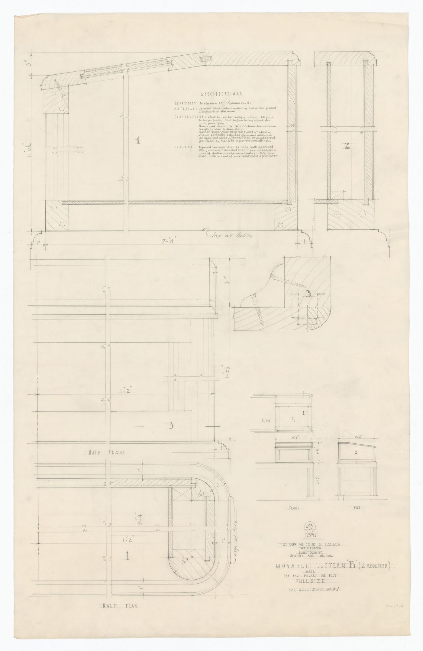 Plan, élévation, coupe et détails de lutrin mobile "F1" pour Cour suprême du Canada, Ottawa, Ontario