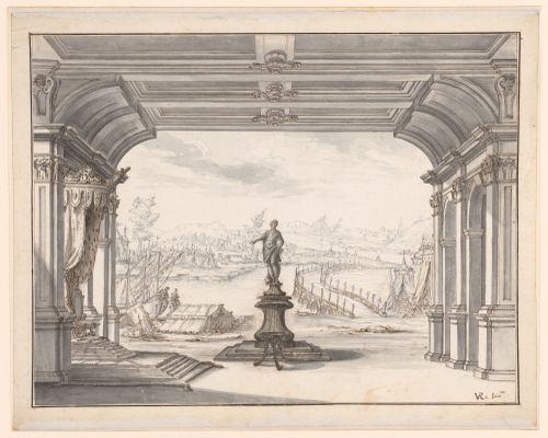 Statue pointing to a throne under an arch