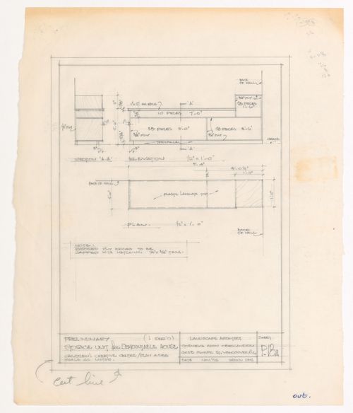 Preliminary plan, section, and elevation for storage unit for demountable house for Children's Creative Centre Playground, Canadian Federal Pavilion, Expo '67, Montréal, Québec