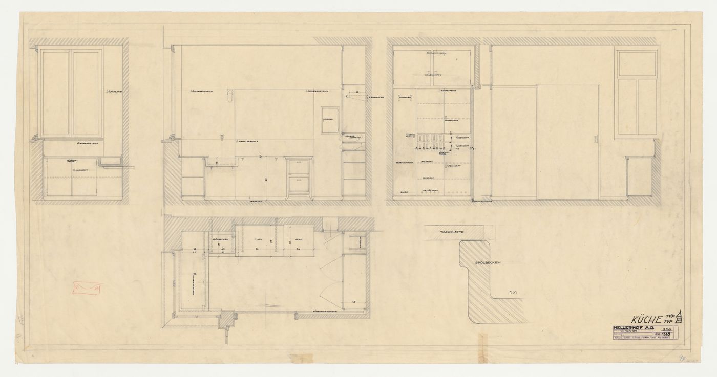 Plan, elevations and section for type A and type B kitchens, Hellerhof Housing Estate, Frankfurt am Main, Germany