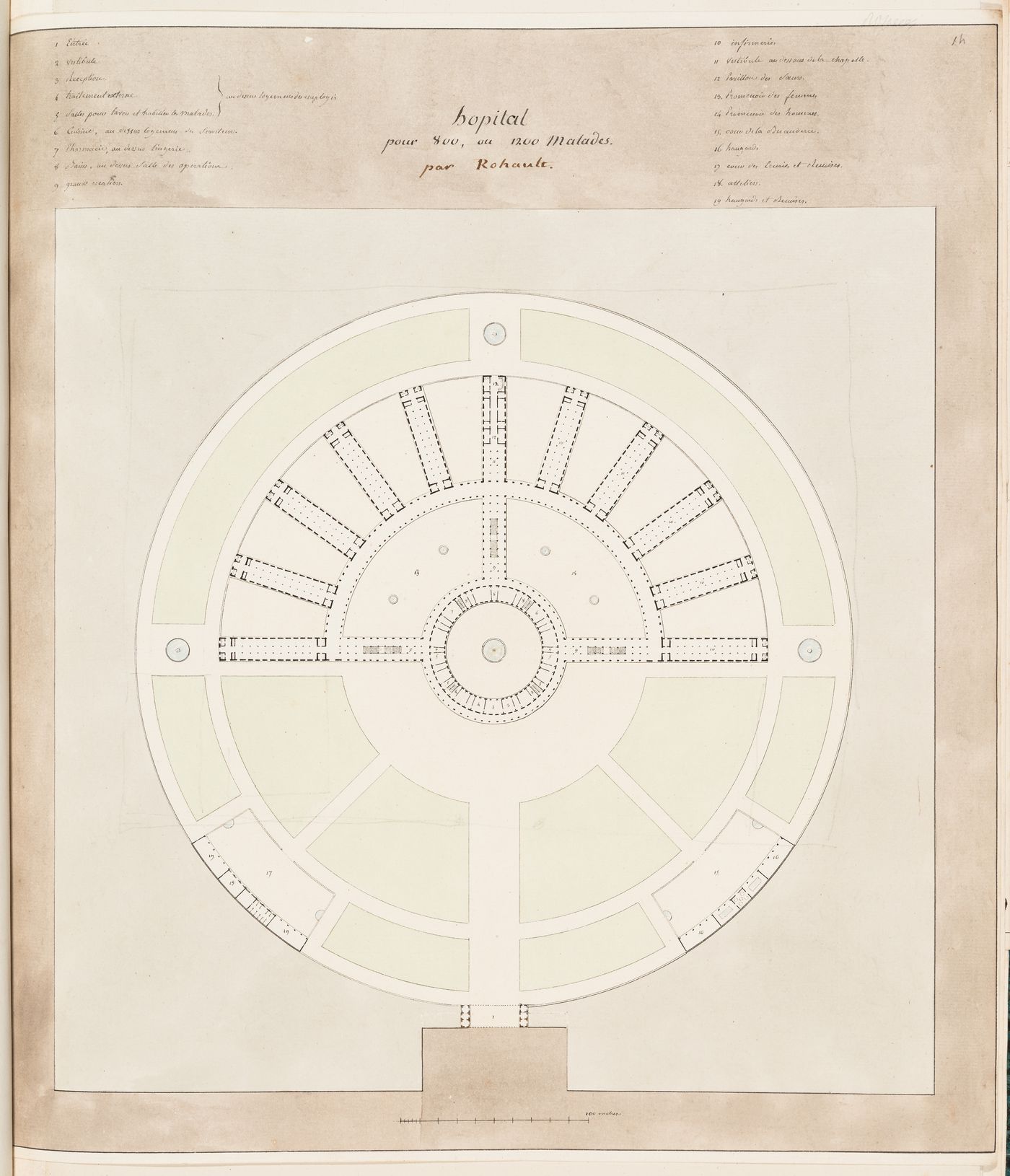 Ideal hospital for 800 or 1200 patients, Paris: Site plan, probably number nine