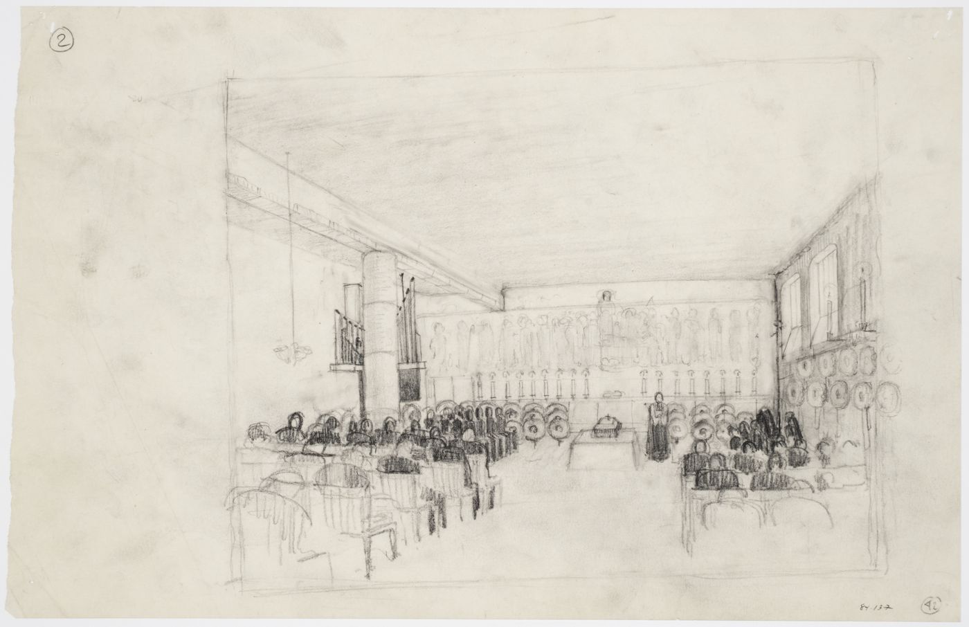 Interior sketch perspective for the Chapel of Hope showing a service underway, Woodland Crematorium, Woodland Cemetery, Stockholm, Sweden