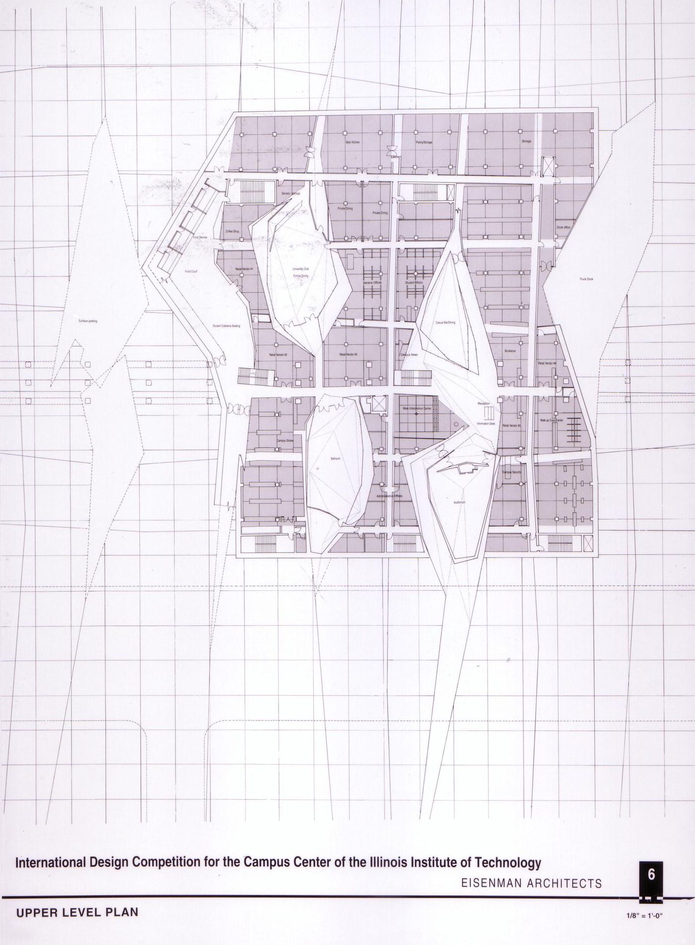 Upper level plan, submission to the Richard H. Driehaus Foundation International Design Competition for a new campus center (1997-98), Illinois Institute of Technology, Chicago, Illinois
