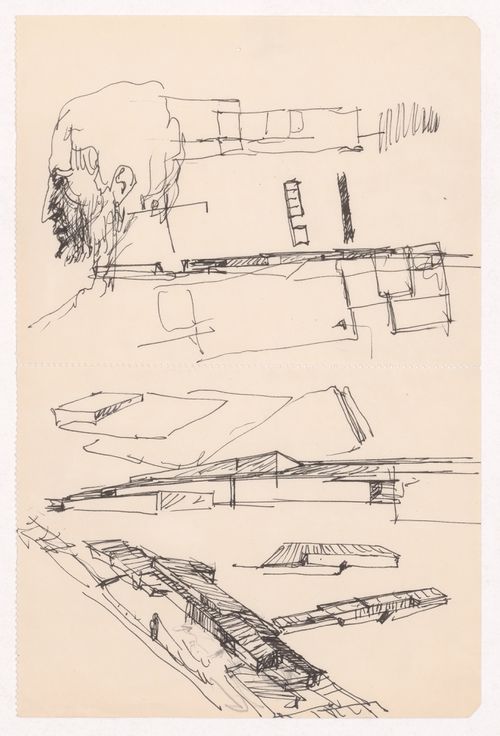 Sketch axonometric views and plans with profile portrait for Casa Rui Feijó, Moledo do Minho, Caminha, Portugal