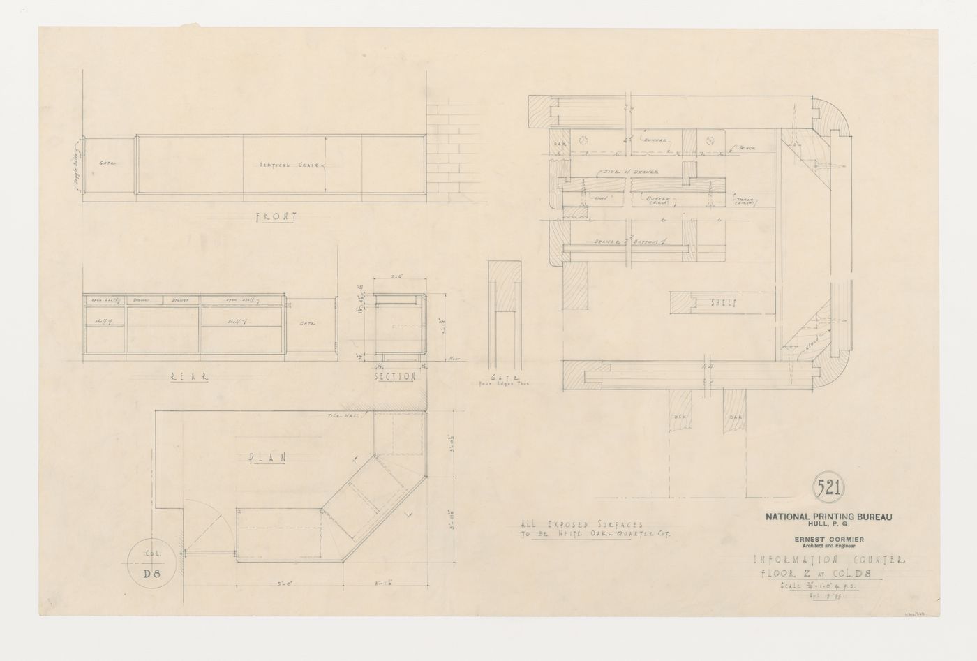 Plans, élévations et coupe du comptoir d'information à l'étage 2, Imprimerie Nationale du Canada, Hull, Québec, Canada