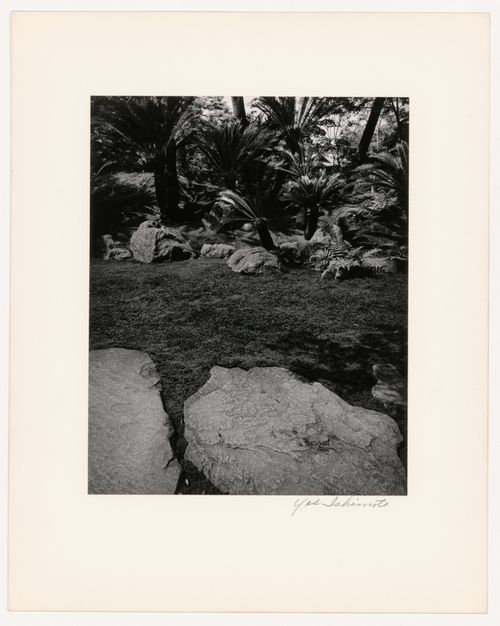 View of Sotetsu Mountain (also known as Cycad Hill) showing stepping-stones in the foreground, near the Outside Resting Place (also known as the Waiting Bench), Katsura Rikyu (also known as Katsura Imperial Villa), Kyoto, Japan