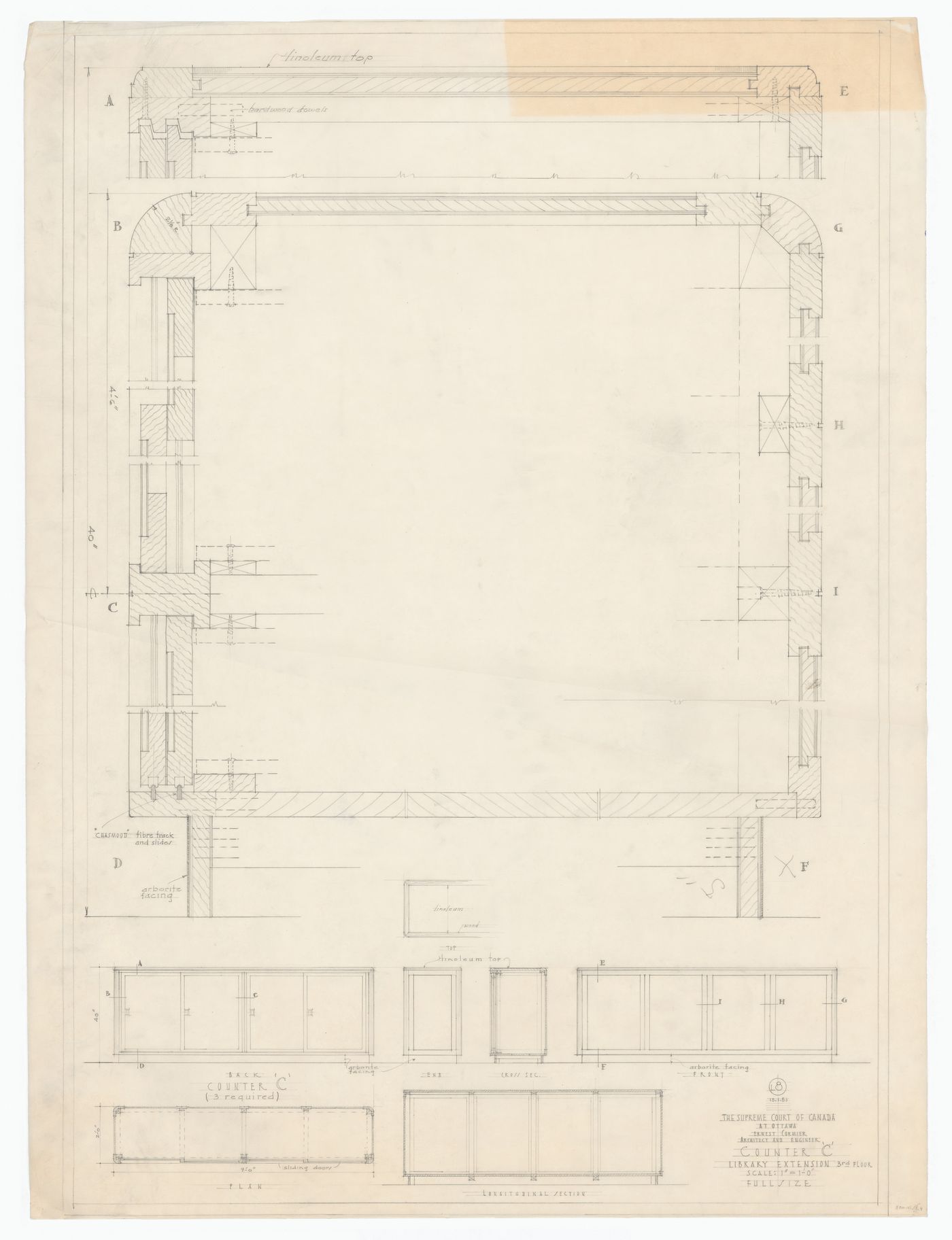 Plan, élévations, coupes et détails du comptoir "C" pour Cour suprême du Canada, Ottawa, Ontario