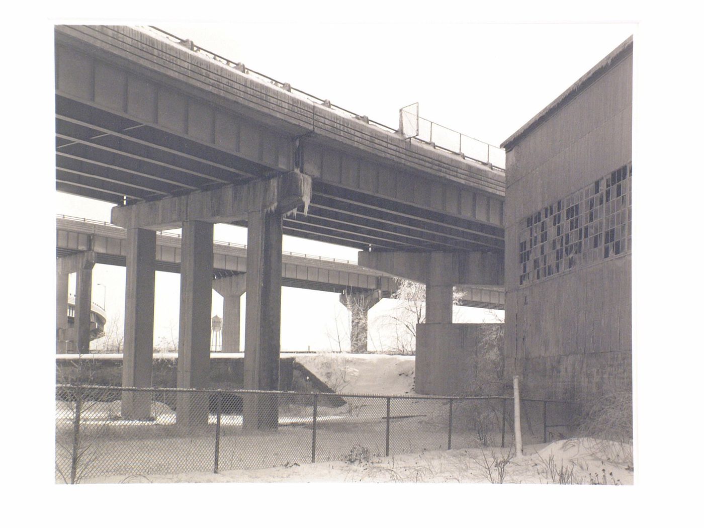 View of elevated concrete highway in snow, Hartford, Connecticut