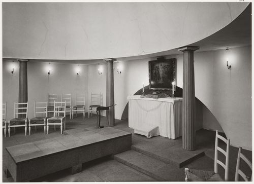 Interior view of Woodland Chapel showing the altar and chairs, Woodland Cemetery, Stockholm