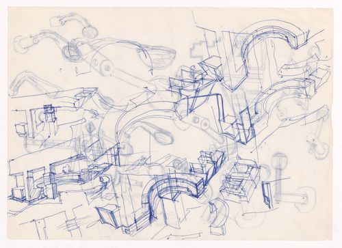 Sketch axonometric views and sketches of a desk lamp for Banco Pinto & Sotto Mayor, agência e clube, Lamego, Portugal