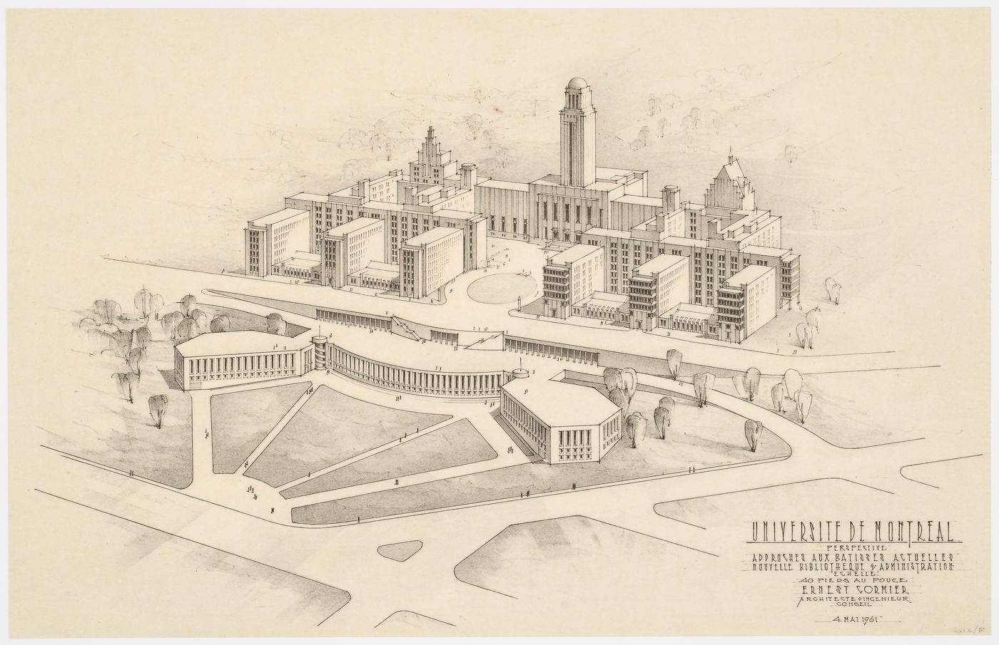 Perspective de la bibliothèque et des locaux administratifs, Campus, Université de Montréal, Québec, Canada