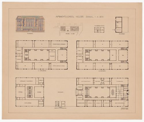 Site plan, plans and principal elevation for the School of Art and Trade, Den Helder, Netherlands