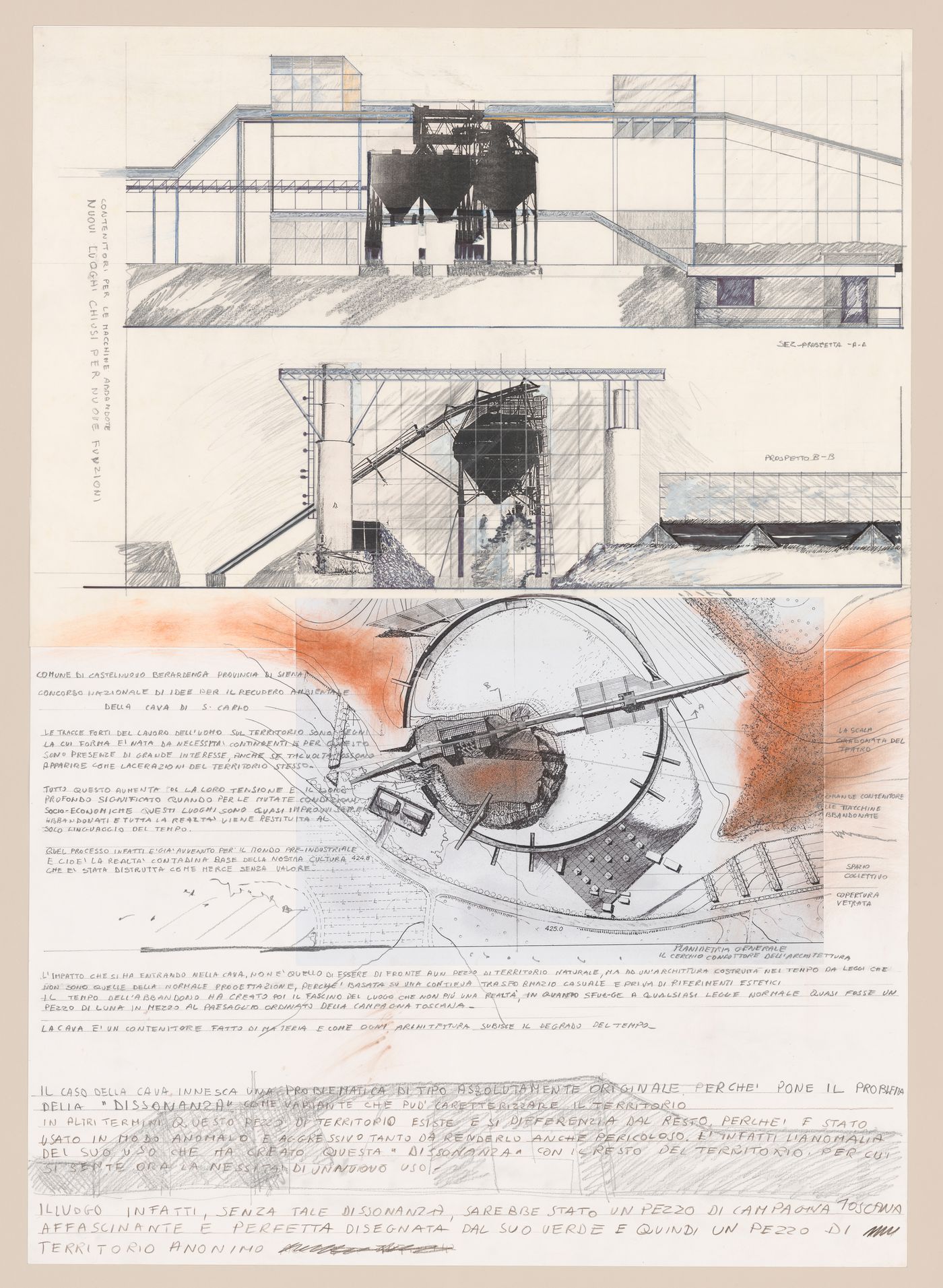 Elevations, site plan and collaged notes for Riqualificazione cava di San Carlo [Redevelopment San Carlo quarry], San Vincenzo, Livorno, Italy