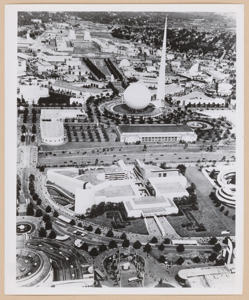 Aerial view of the General Motors Corporation pavilion showing the Trilon and Perisphere in the background, 1939-1940 New York World's Fair, New York City, New York