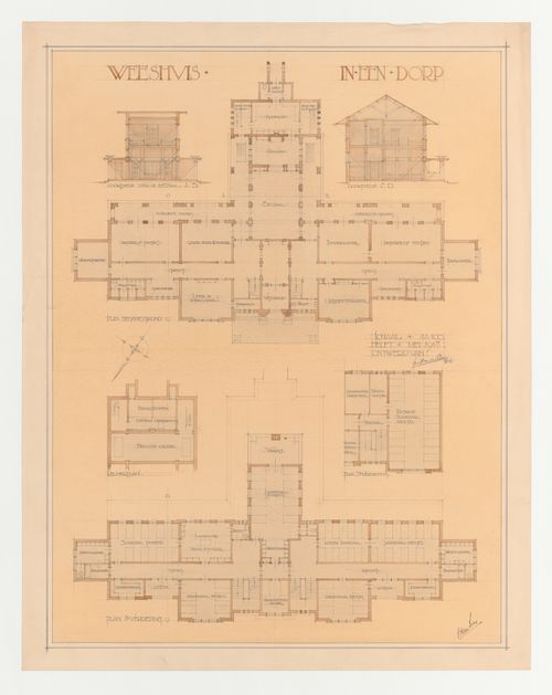 Student presentation drawing showing basement, ground, first and second floor plans and sections for a village orphanage, Technische Hogeschool Delft, Netherlands