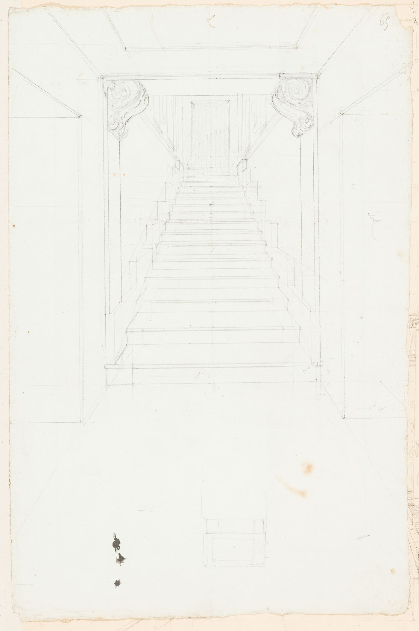 Rohault de Fleury House, 12-14 rue d'Aguesseau, Paris: Interior perspective showing the main staircase from the "soubassement"; verso: Exercise in descriptive geometry