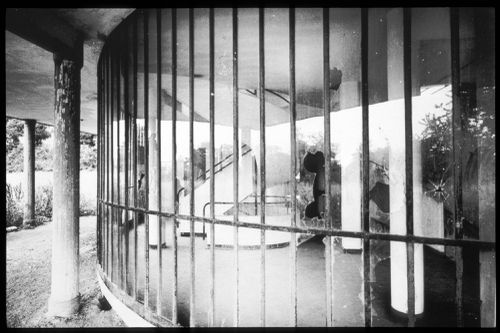 View of the entrance of Villa Savoye showing the interior through broken windows, Poissy, France