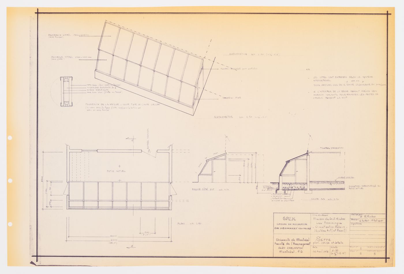 Climatisation solaire "système passif et actif" : serre : plan, coupe et détails, Maison du docteur Simon Richer, Nominingue, Québec, Canada