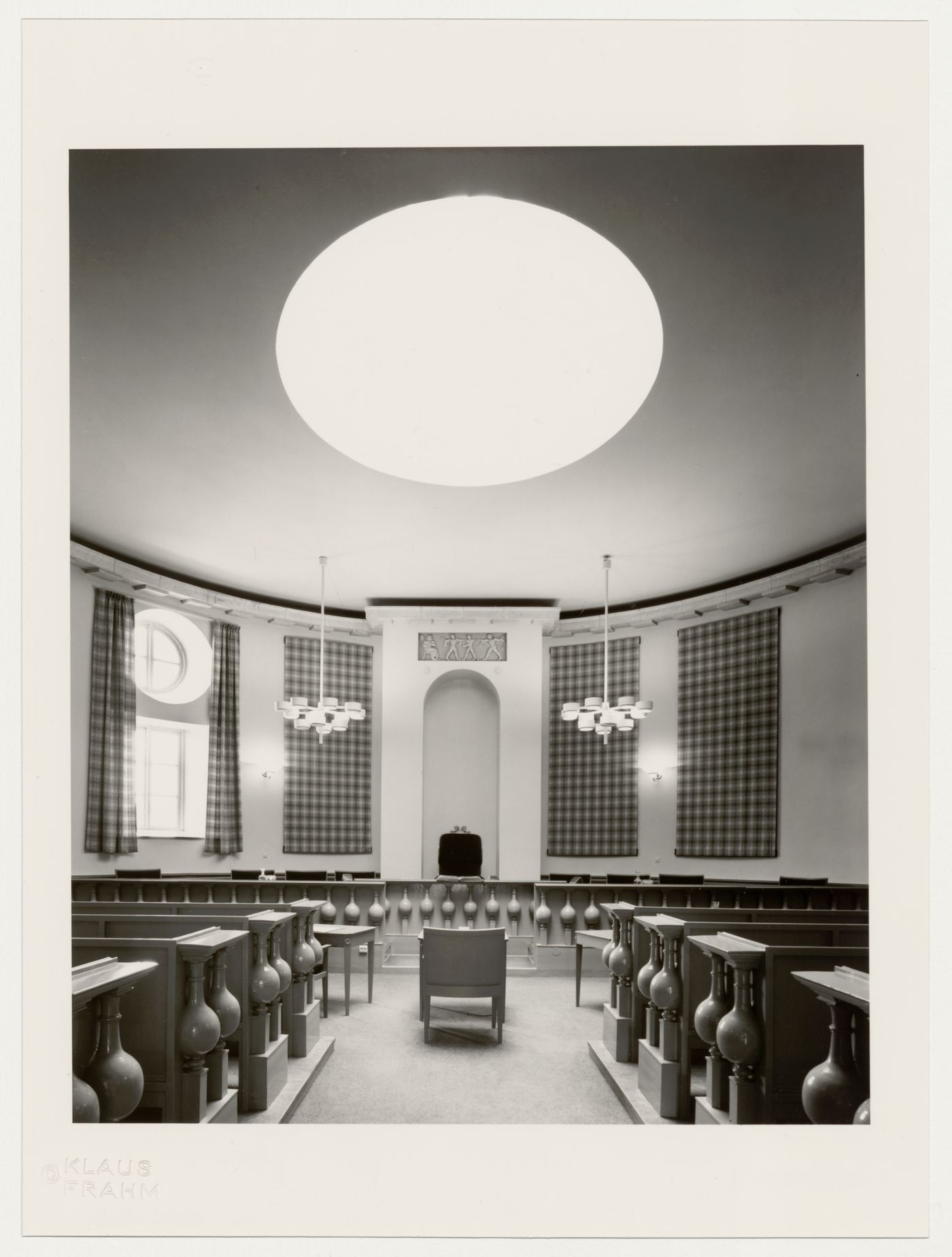 Interior view of the circular courtroom of Lister County Courthouse, Sölvesborg, Sweden