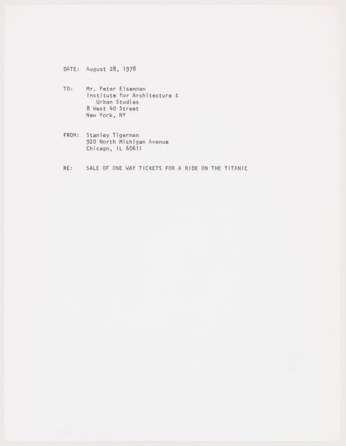 Letter to Peter Eisenman from Stanley Tigerman