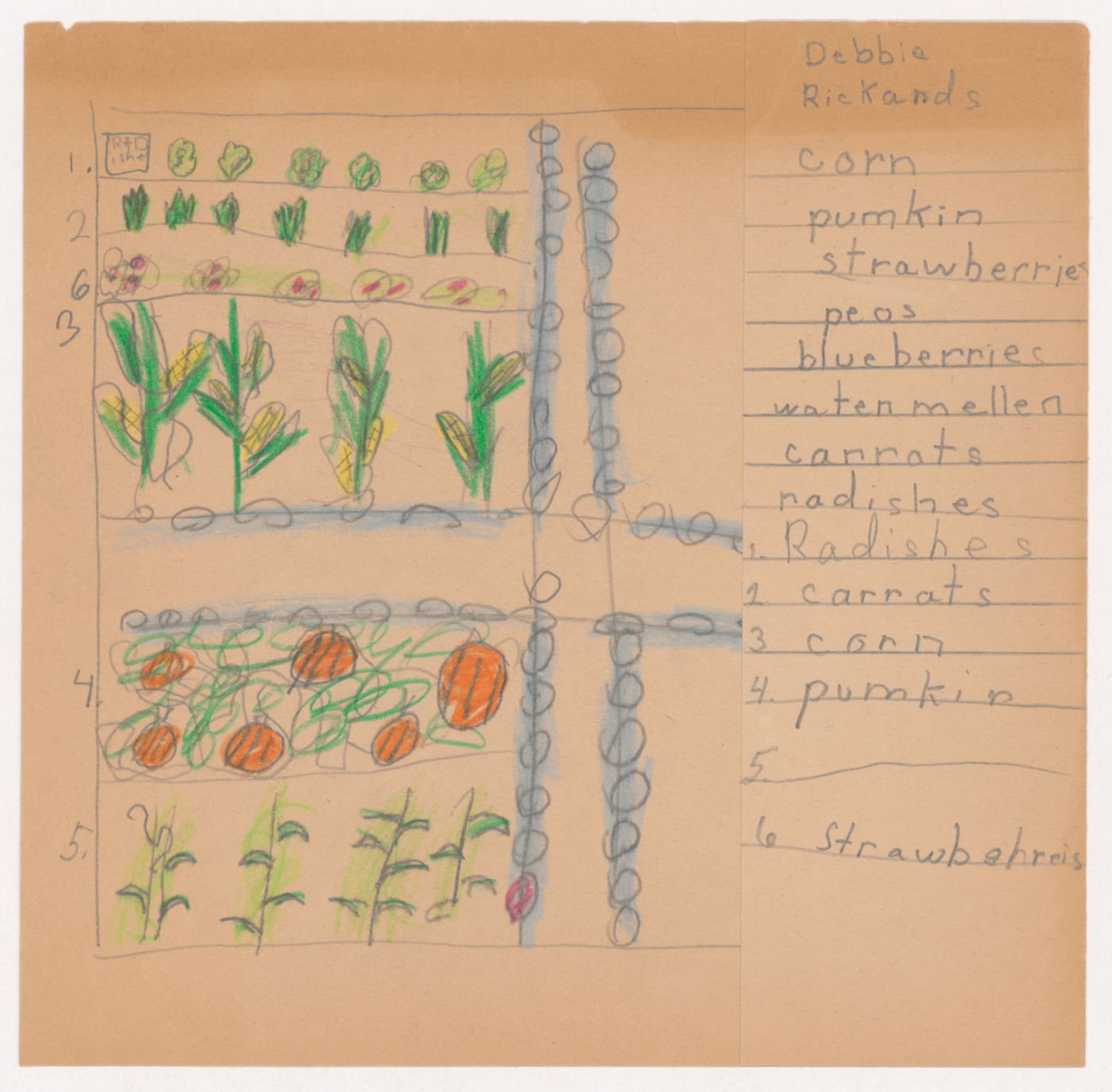 Child's drawing and list for the ideal fruits and vegetables garden