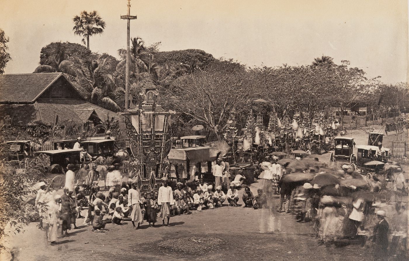 View of a funeral procession, probably of a Buddhist priest (also known as Pongyi), Burma (now Myanmar)