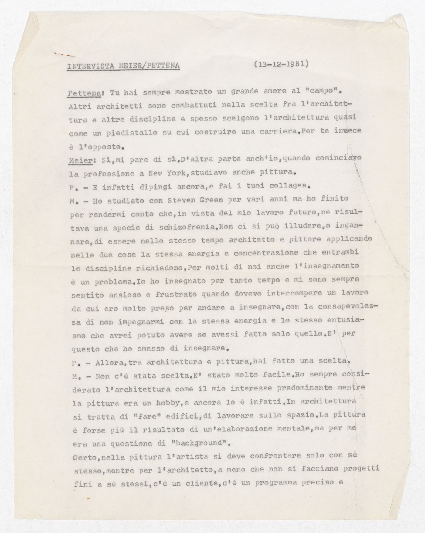 Transcription of an interview between Gianni Pettena and Richard Meier, exhibition Richard Meier