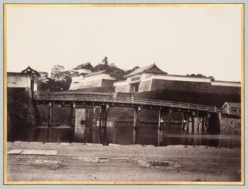 View of a gateway complex showing the Fushimi watchtower, Nijubashi [Double Bridge], defensive walls and a moat, Edojo [Edo Castle], Edo (now Tokyo), Japan