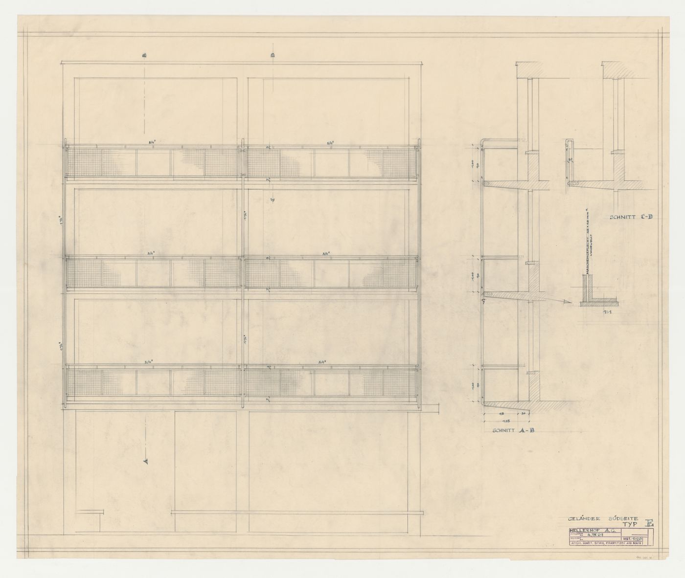 South elevation and sections for balconies for a type E housing unit, Hellerhof Housing Estate, Frankfurt am Main, Germany