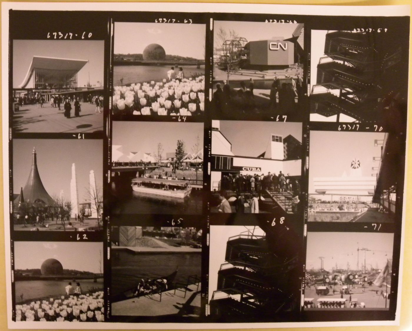 Contact sheet with photographs taken principally on the Île Notre-Dame site, Expo 67, Montréal, Québec