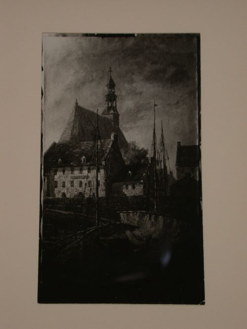Photograph of a painting of old Montréal, including l'église Bonsecours