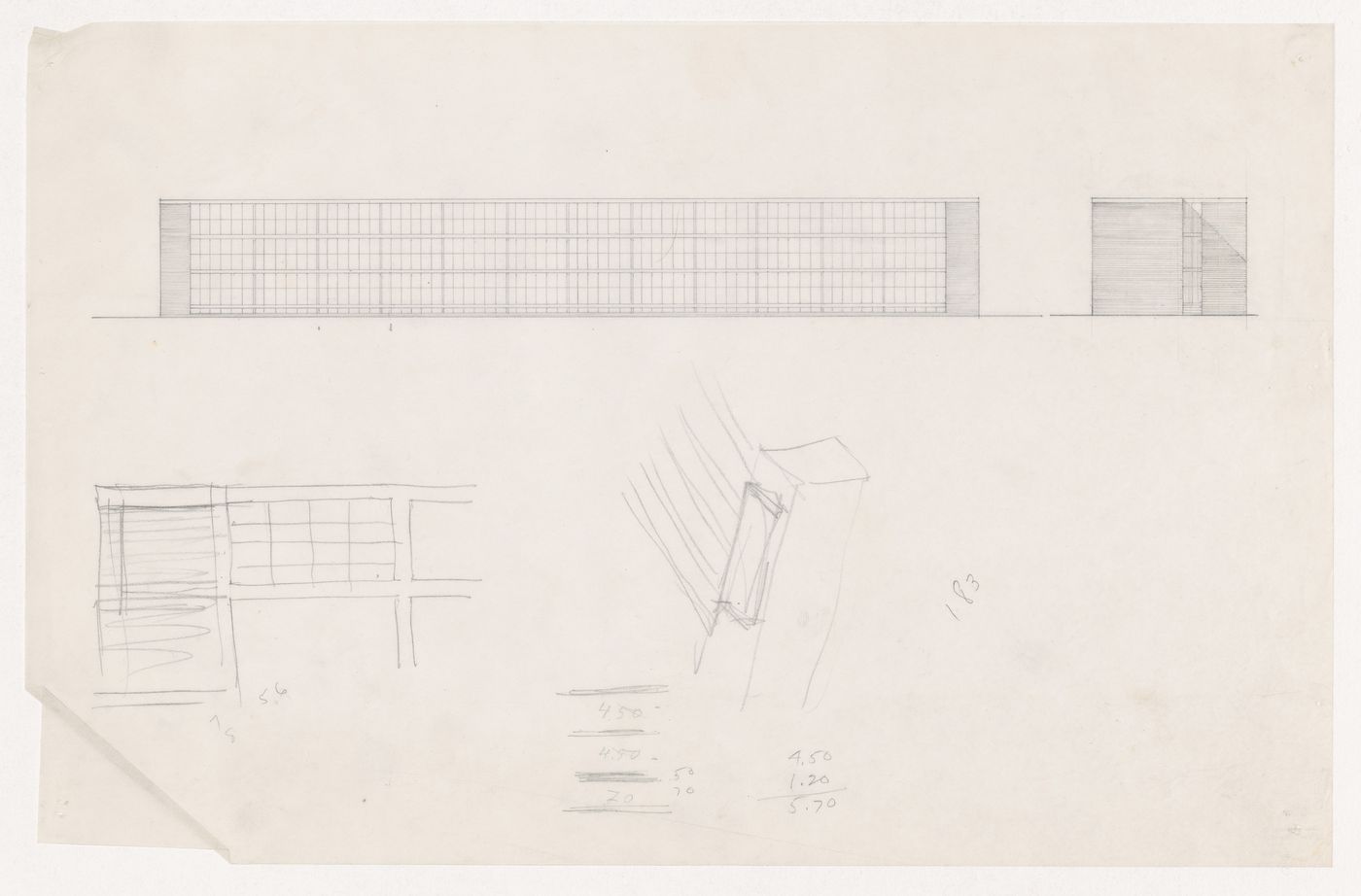 Principal and side elevations, partial sketch elevation and perspective sketch for a wall to column connection for Illinois Institute of Technology, possibly for an engineering building
