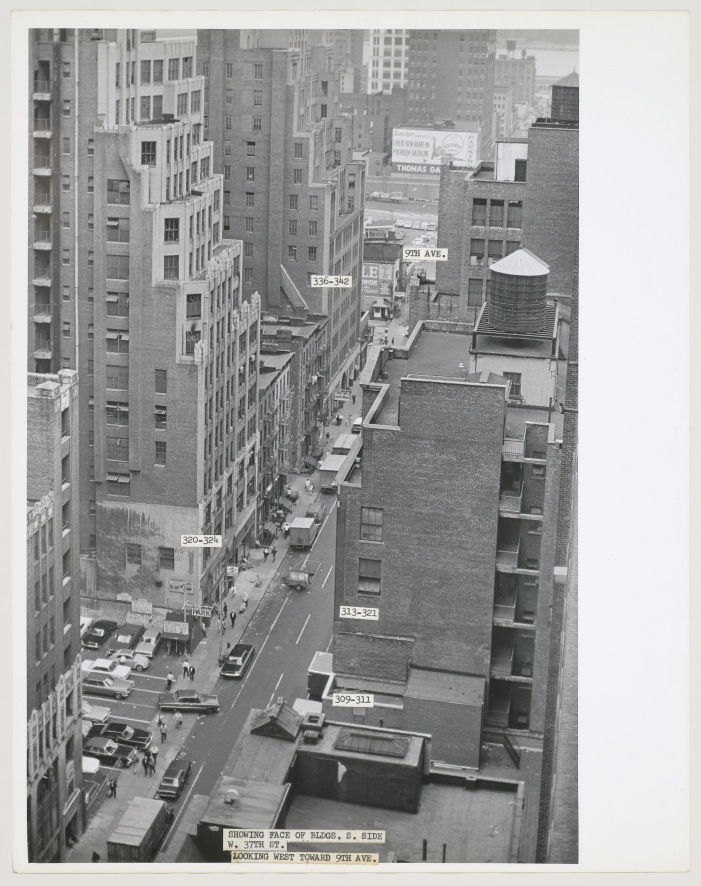 Aerial view of buildings and traffic on West 37th Street, Manhattan, New York City, New York
