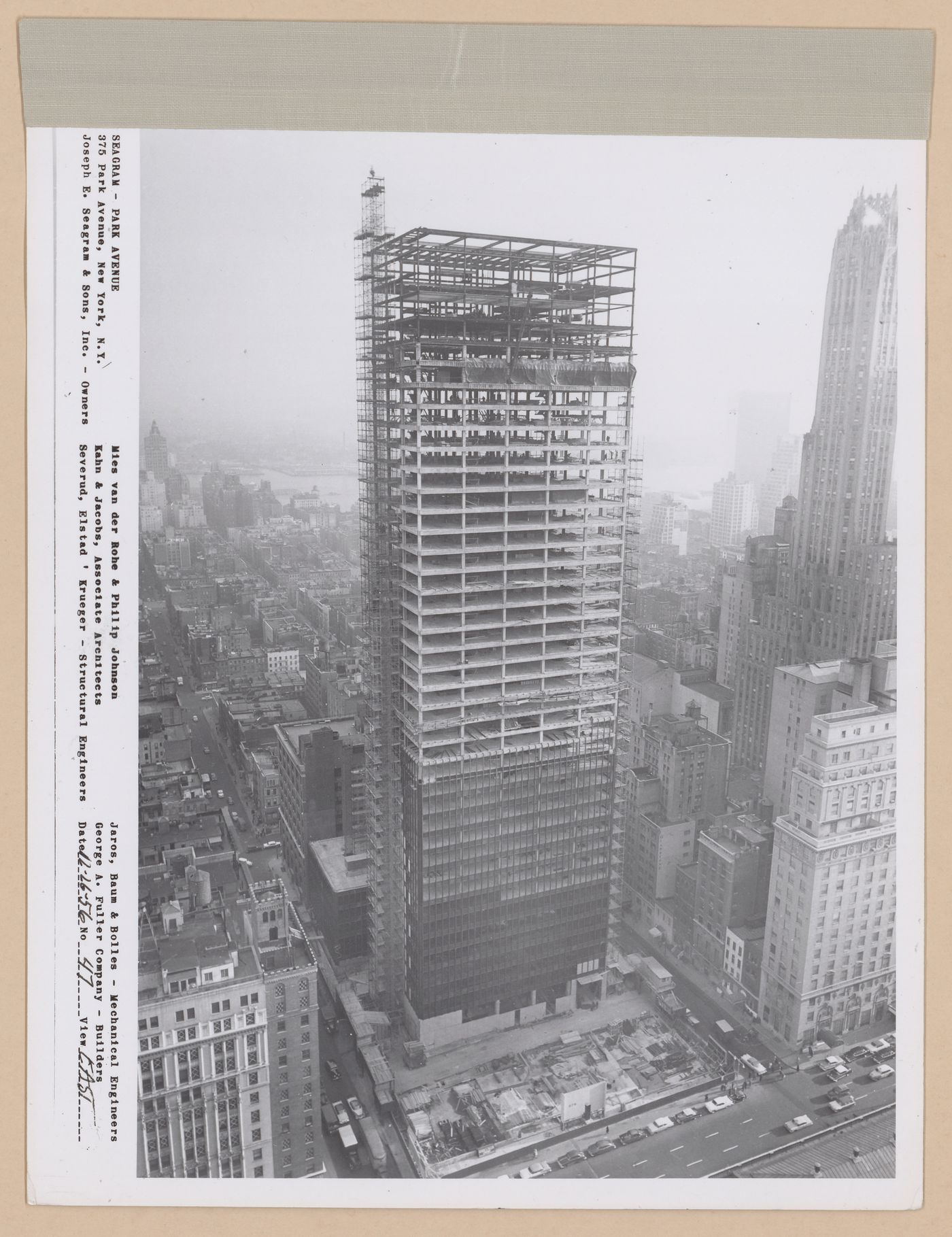Seagram building under construction, 375 Park avenue, New York, N.Y., east view