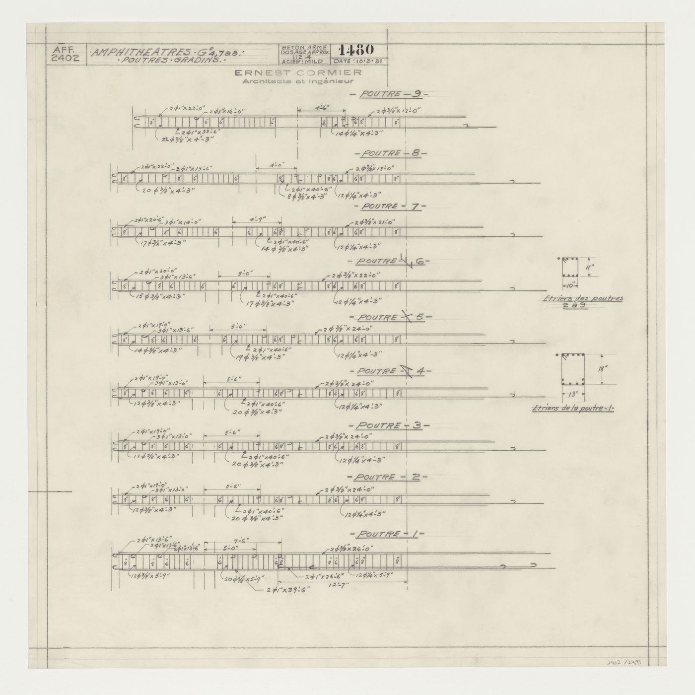 Détails des poutres pour les gradins de l'amphithéâtre, Pavillon principal et campus, Université de Montréal, Montréal, Canada (1924-1947)