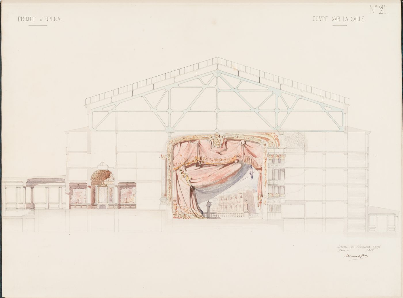 Project for an opera house for the Théâtre impérial de l'opéra: Cross section through the auditorium showing the stage curtain with a trompe-l'oeil view of the proposed principal façade