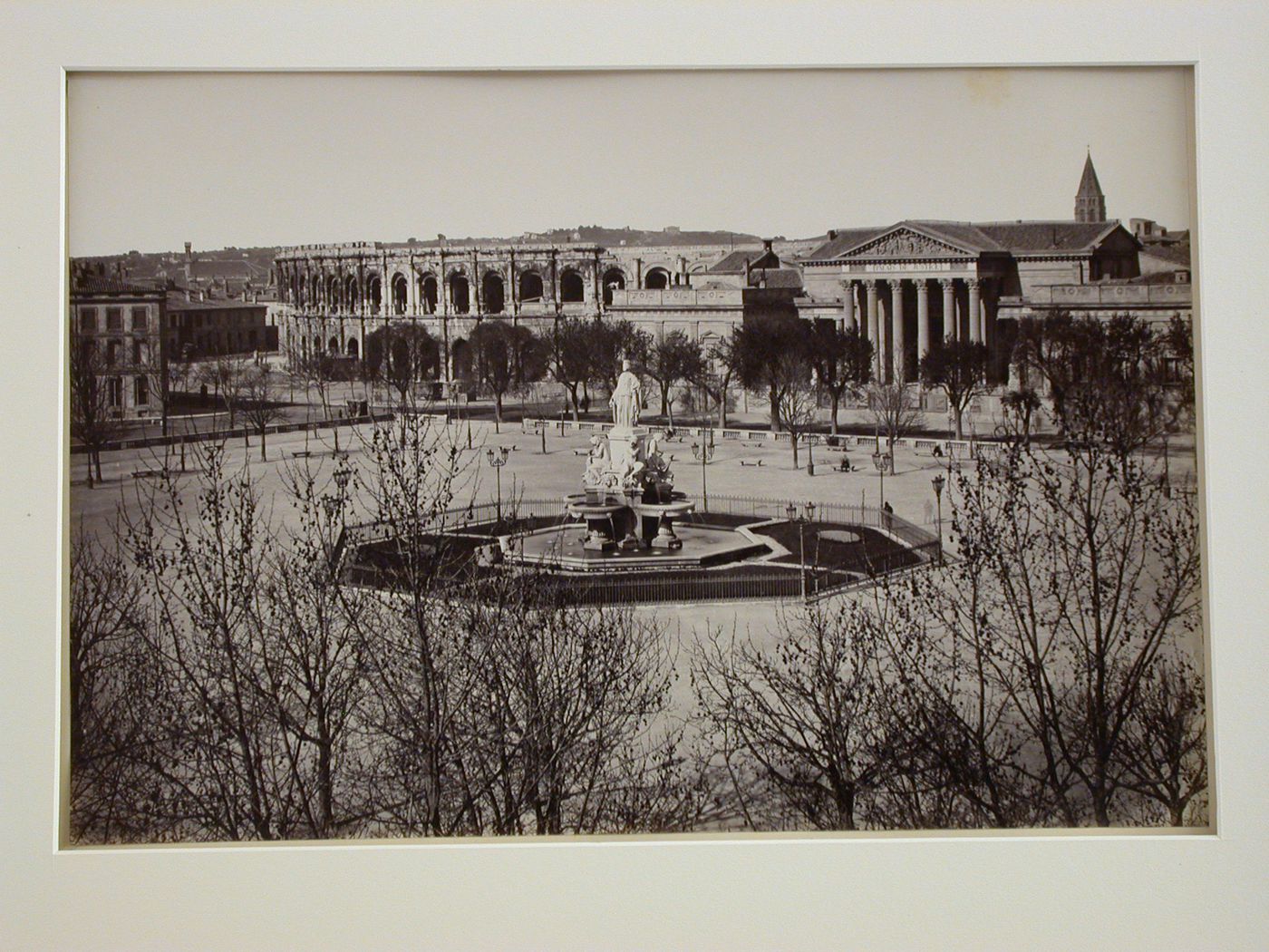 General view of a large square with Palais de Justice and roman amphitheater, Nîmes, France
