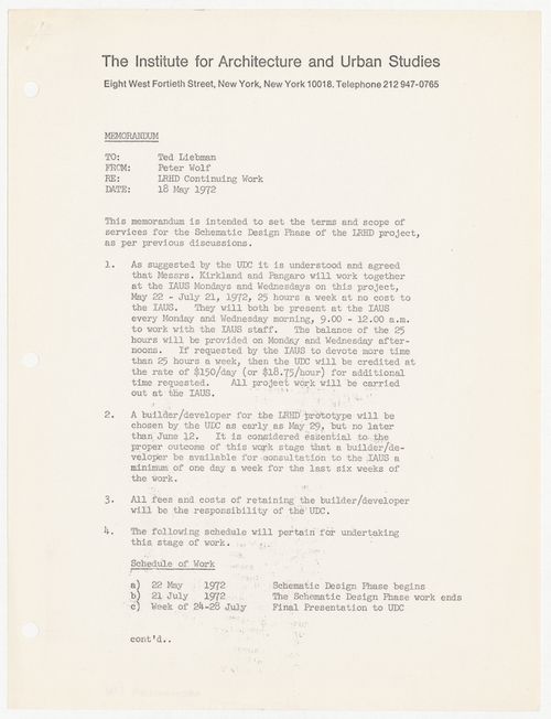 Memorandum from Peter Wolf to Theodore Liebman about the terms and scope of services for the schematic design phase of the Low-Rise HIgh-Density (LRHD) project