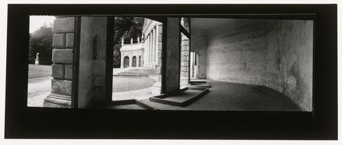 View of the main entrance portico of the stables of Villa Pisani from an adjoining orangery, Stra, Italy