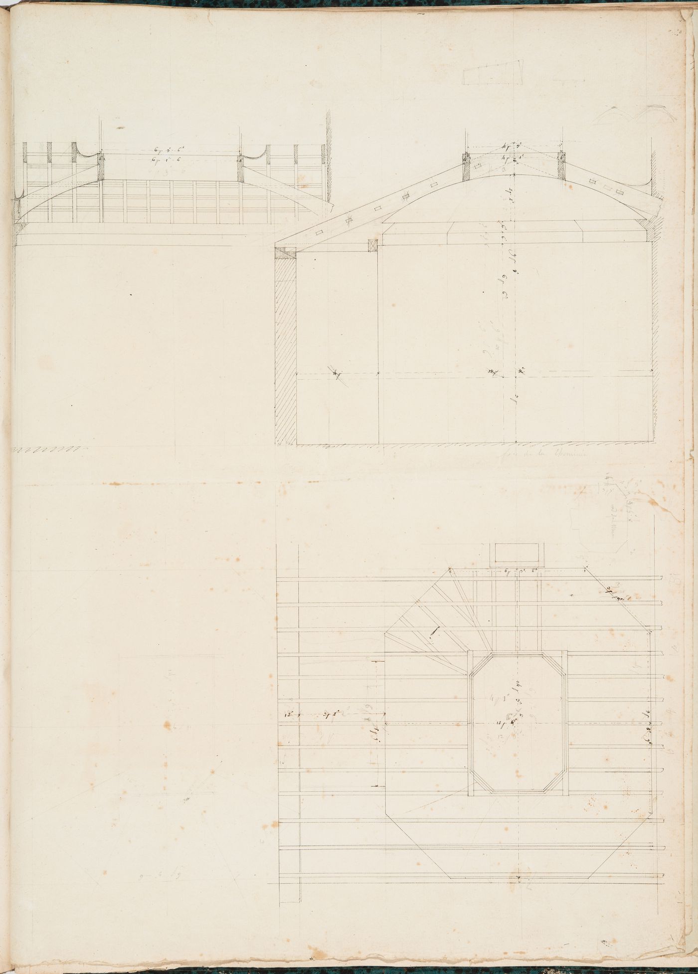 Project for renovations for a house for M. le Dhuy: Sections and plan showing the wood framing for the boudoir