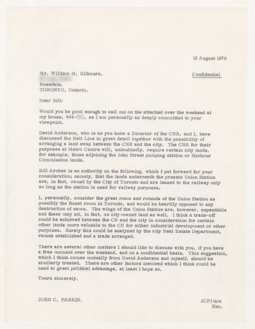Letter from Parkin to William M. Kilbourn on Toronto Union Station development