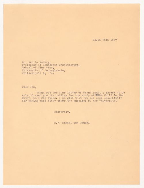 Letter from H. P. Daniel van Ginkel to Ian L. McHarg for Child in the City