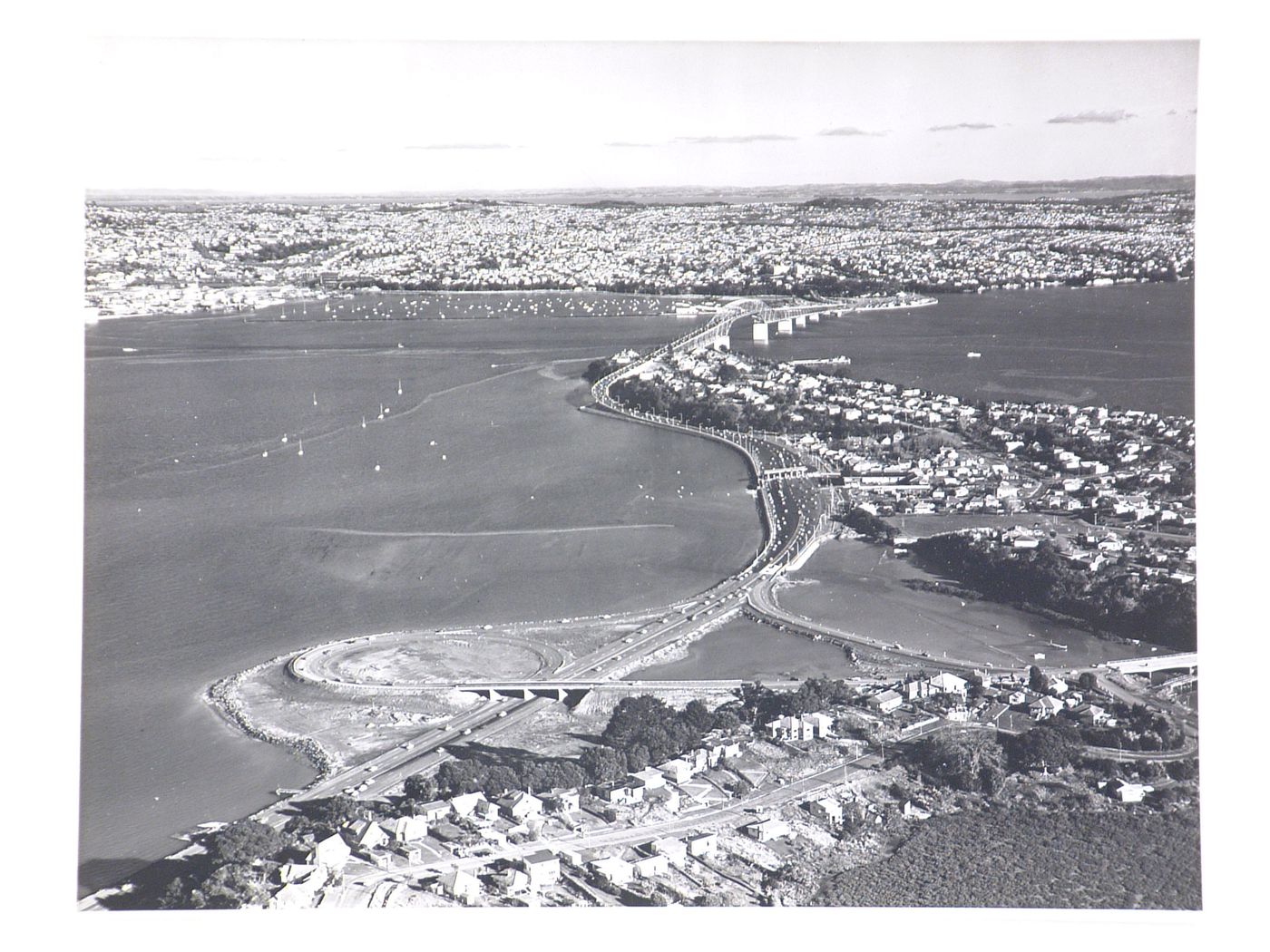 Aerial view of the Auckland Harbour Bridge, over the Waitematā Harbour, Auckland, New Zealand
