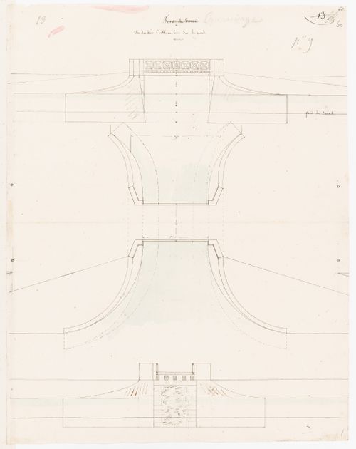 Project for Clos d'équarrissage, fôret de Bondy: Plan, elevation, and section for a wooden bridge