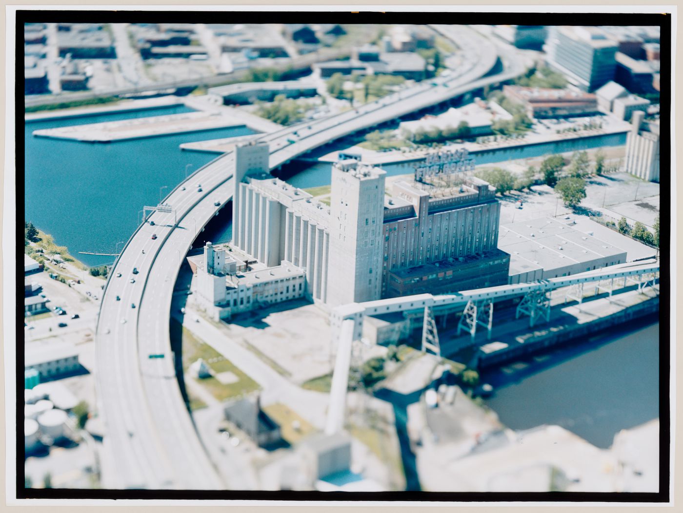 Aerial view of the Bonaventure Expressway and the Five Roses Flour Mill, Montréal, Québec