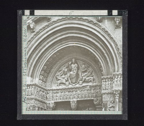 Detail view of sculpture above west door of Saint-Trophime, Arles, France