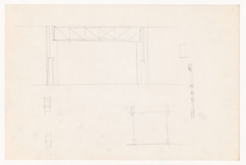 Sketch elevation showing truss, partial sketch plan and detail sketches for the Gymnasium